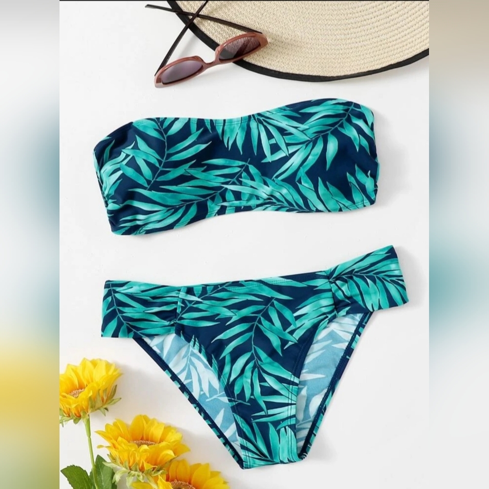 SHEIN Leaf Random Print Bandeau Bikini NWOT
